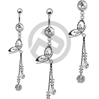Clear CZ Gem Butterfly with Chain Drop Dangle Belly Button Navel Ring - Pierced Universe