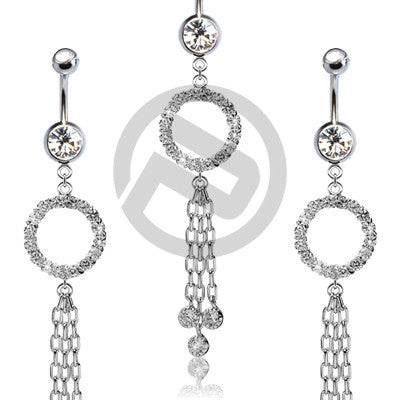 Clear Gemmed Circle with 3 studded Dangle Chains Belly Button Navel Ring - Pierced Universe