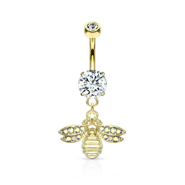 Cute Small CZ Dangle Bumble Bee Gold PVD Surgical Steel Belly Ring - Pierced Universe