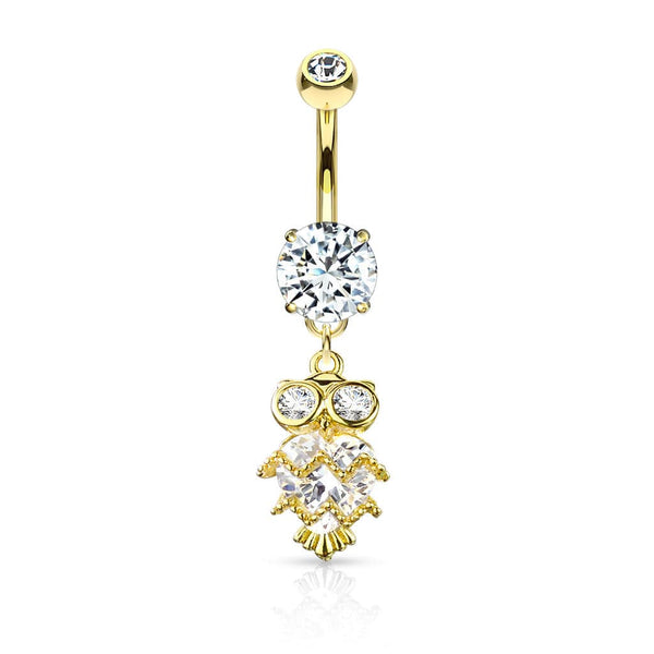 Cute Small CZ Dangle Owl Gold PVD Surgical Steel Belly Ring - Pierced Universe