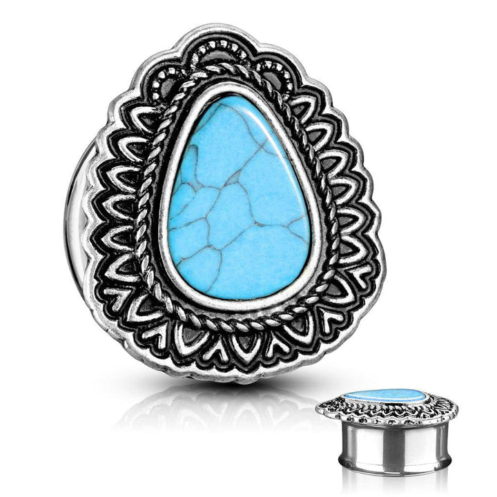 Double Flared Blue Turquoise Tear Drop Antique Silver Ear Plugs - Pierced Universe