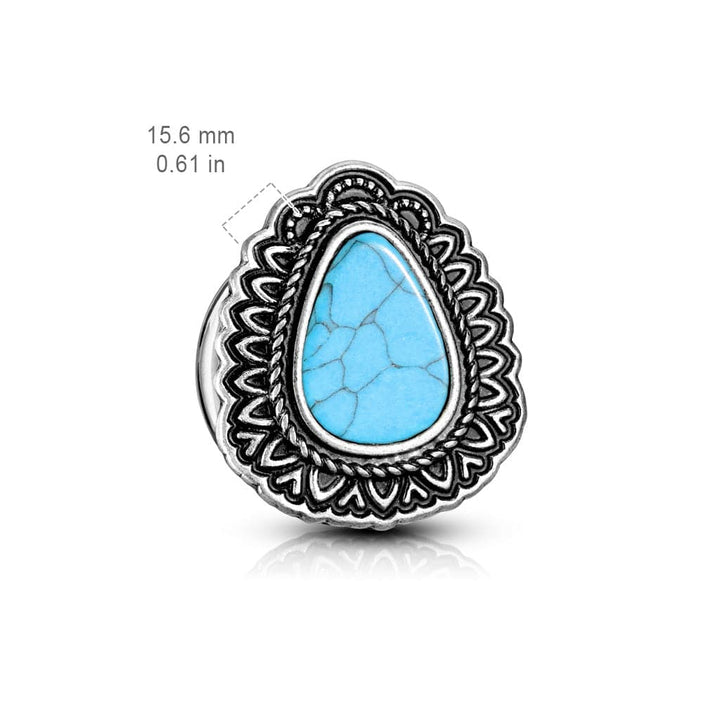Double Flared Blue Turquoise Tear Drop Antique Silver Ear Plugs - Pierced Universe