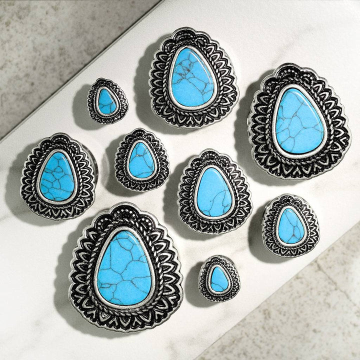 Double Flared Blue Turquoise Tear Drop Antique Silver Ear Plugs - Pierced Universe