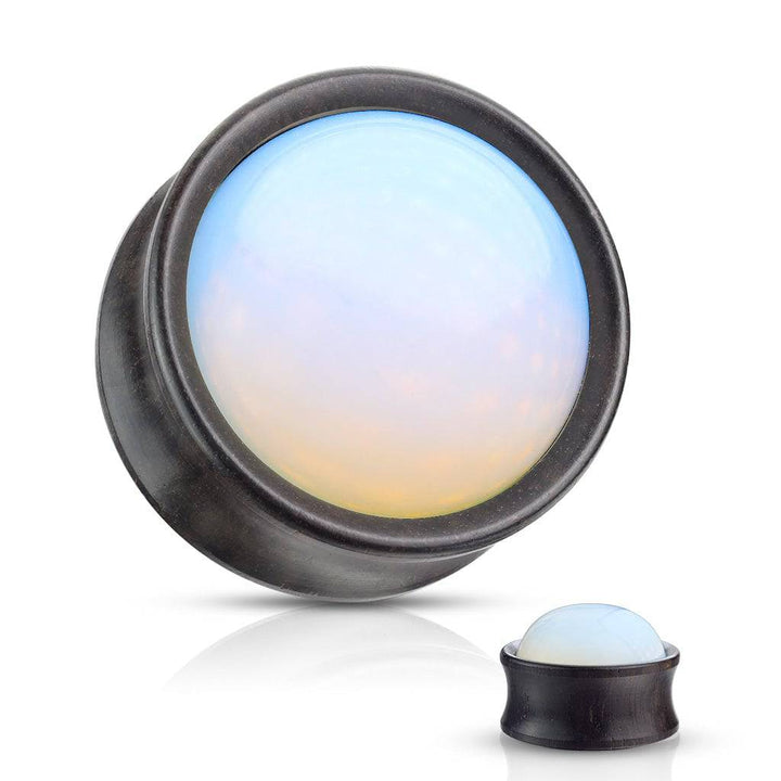 Double Flared Ebony Wood Opalite Stone Inlay Plugs - Pierced Universe