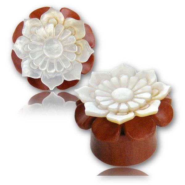 Double Flared Sawo Wood MOP Lotus Inlay Ear Plugs - Pierced Universe