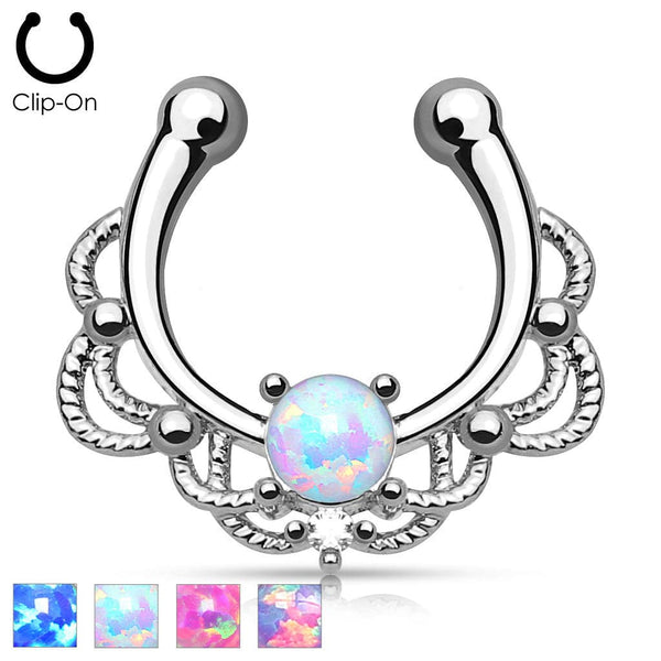 Fake "faux" Synthetic Opal Center Lace Septum Ring - Pierced Universe