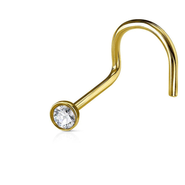 Gold IP Surgical Steel Corkscrew White CZ Nose Stud - Pierced Universe