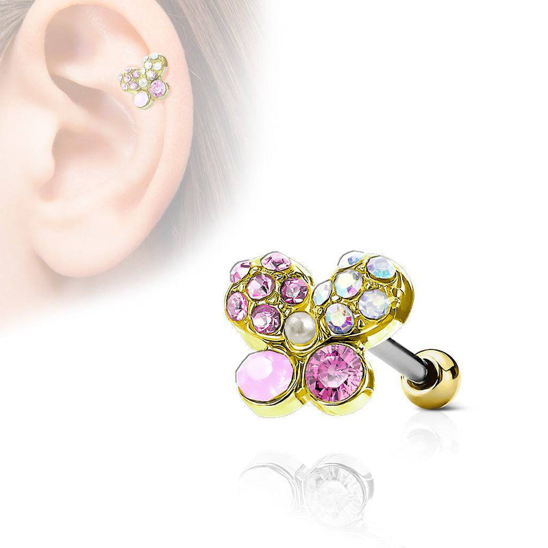 Gold IP Surgical Steel Multi Crystal Butterfly Ear Cartilage Barbell - Pierced Universe