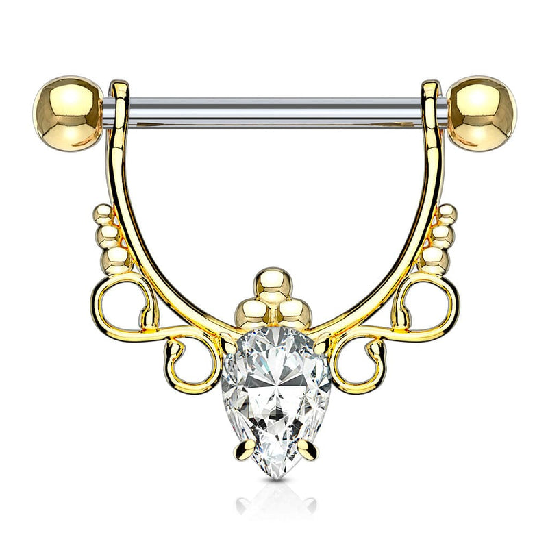 Gold IP Surgical Steel with White Pear CZ Dangle Nipple Ring Barbell - Pierced Universe