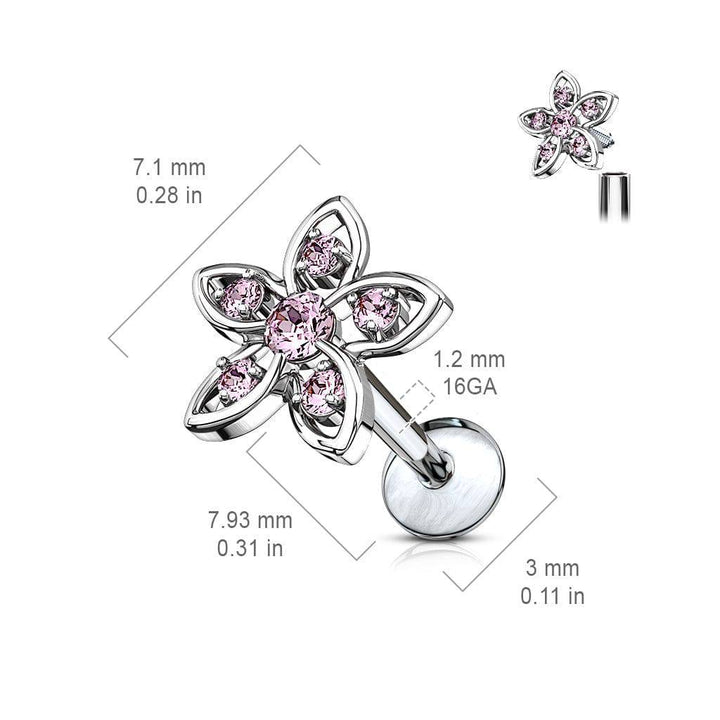 Gold Plated Internally Threaded Surgical Steel White CZ Flower Labret - Pierced Universe