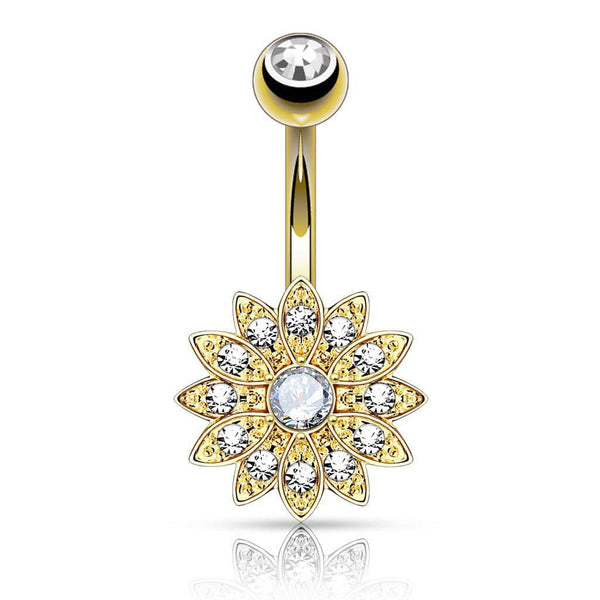 Gold Plated over Surgical Steel Paved CZ Flower with White Center Stone - Pierced Universe