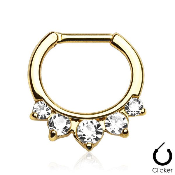Gold Plated Prong Set 5 Gem White Clear CZ 316L Surgical Steel Bar Septum Ring Clicker - Pierced Universe