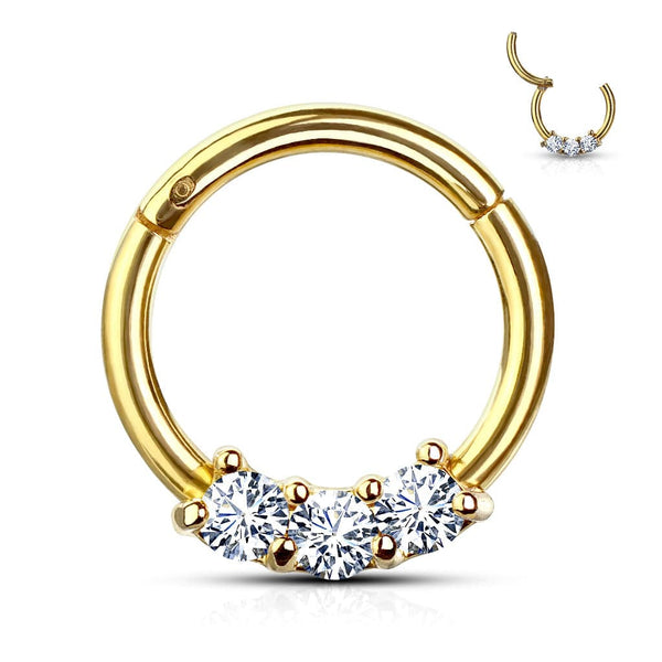 Gold Plated Surgical Steel 3 Gem White CZ Hinged Septum Ring Clicker - Pierced Universe