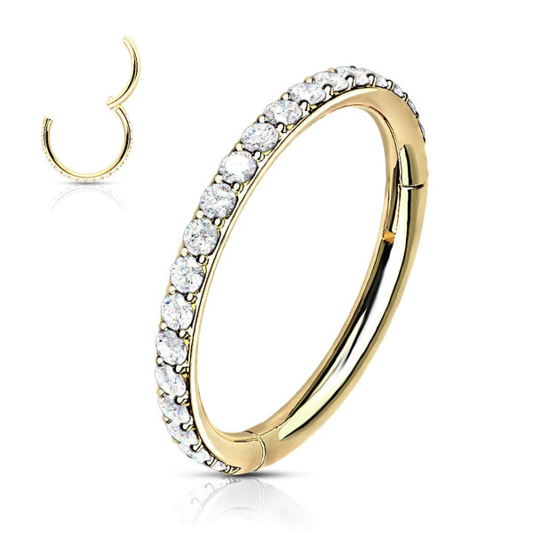 Gold Plated Surgical Steel Easy Hinged CZ Pave Clicker Hoop - Pierced Universe