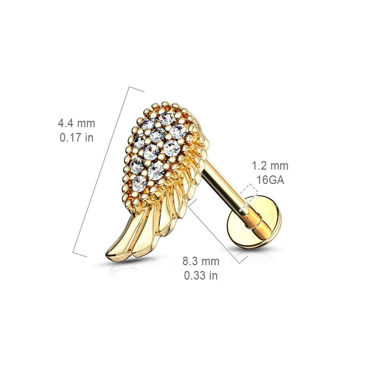 Gold Plated Surgical Steel Internally Threaded Flat Back White CZ Wing Labret - Pierced Universe