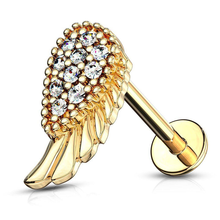 Gold Plated Surgical Steel Internally Threaded Flat Back White CZ Wing Labret - Pierced Universe