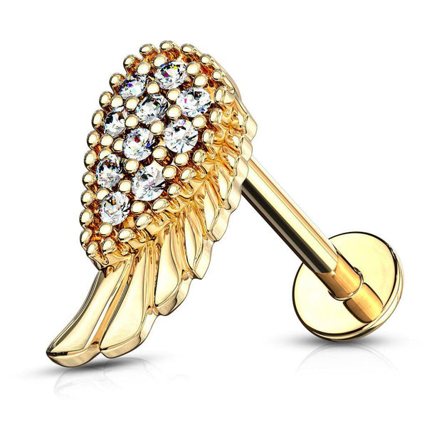 Gold Plated Surgical Steel Internally Threaded Flat Back White CZ Wing Labret - Pierced Universe