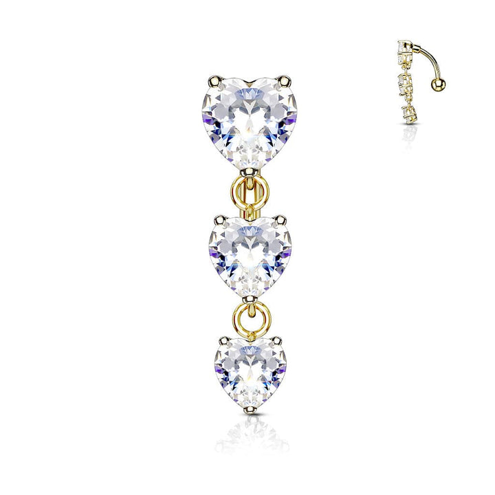 Gold Plated Surgical Steel Reverse 3 Heart Prong Reverse Belly Ring - Pierced Universe