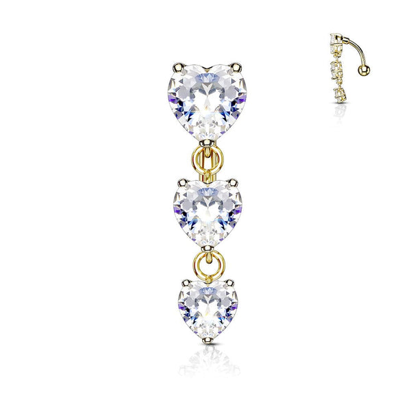 Gold Plated Surgical Steel Reverse 3 Heart Prong Reverse Belly Ring - Pierced Universe