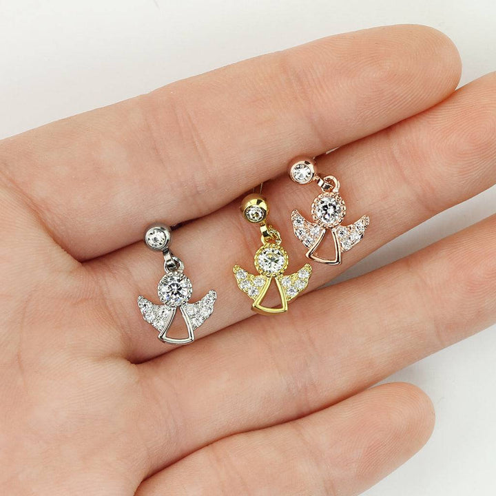Gold Plated Surgical Steel White CZ Dangling Angel Cartilage Ring - Pierced Universe