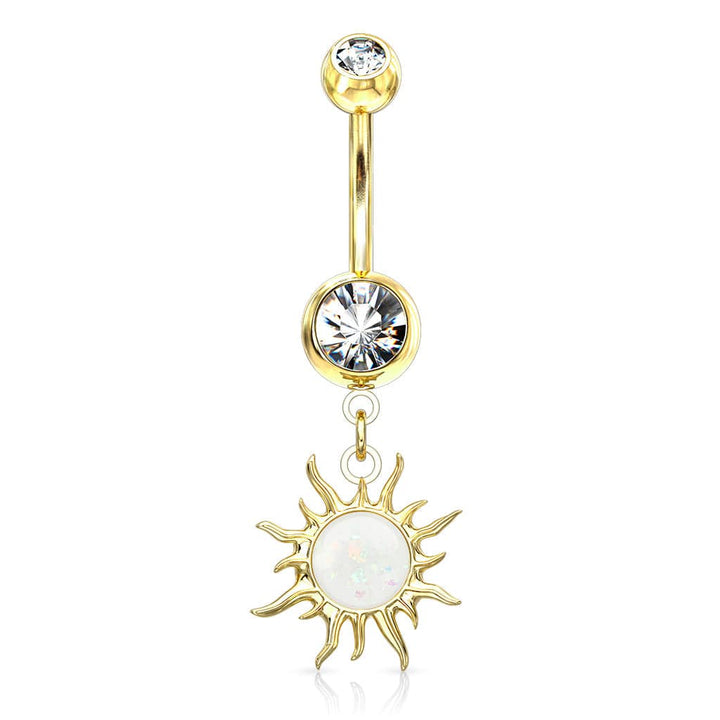 316L Surgical Steel White Glitter Opal Tribal Sun Belly Button Ring