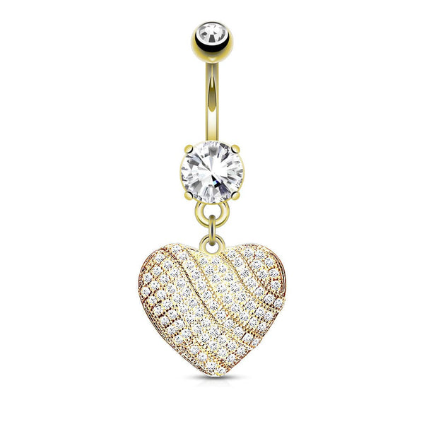 Gold Plated Surgical Steel White Pave Heart Dangle Belly Ring - Pierced Universe