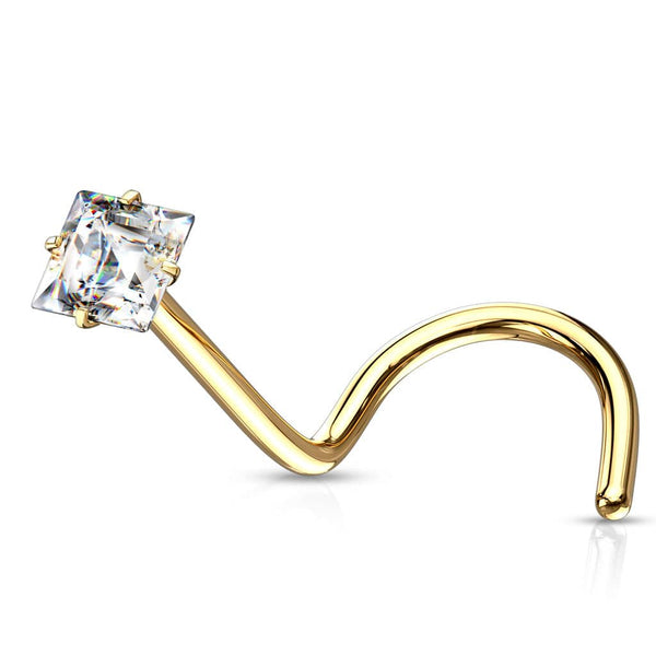 Gold Plated Surgical Steel White Square CZ Gem Corkscrew Nose Ring Stud - Pierced Universe