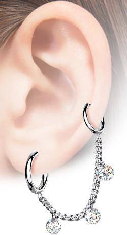 Gold PVD Surgical Steel Chain Link Double Hoop Earring with White CZ Gem Dangle - Pierced Universe