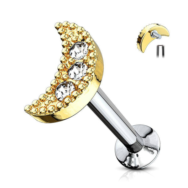 Gold Surgical Steel Internally Threaded White CZ Moon Crescent Labret - Pierced Universe