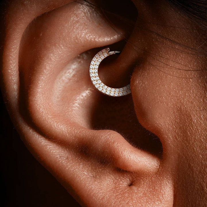 Implant Grade Titanium Black PVD Double Row White CZ Pave Daith Ring Clicker Hoop - Pierced Universe