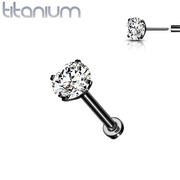 Implant Grade Titanium Black PVD Threadless Push In Labret Flat Back CZ Stud - Pierced Universe