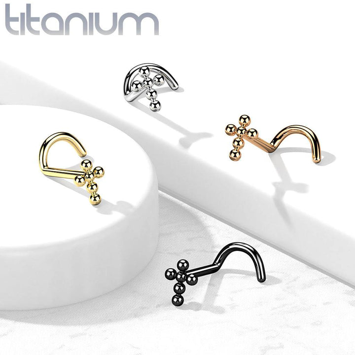 Implant Grade Titanium Corkscrew Beaded Cross Nose Stud Ring - Pierced Universe