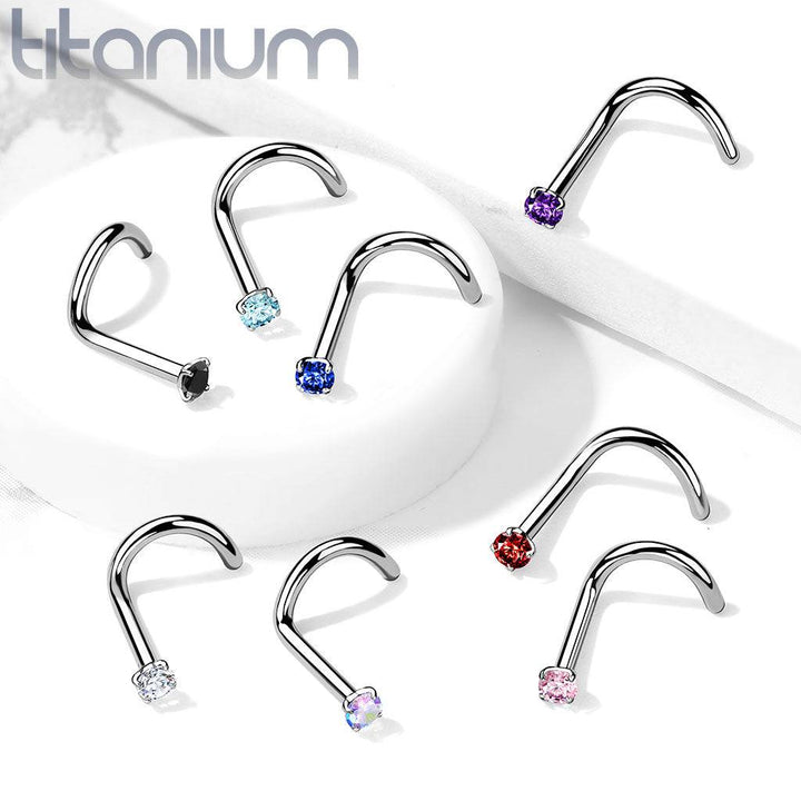 Implant Grade Titanium Corkscrew Nose Ring Stud Red CZ With Prong - Pierced Universe