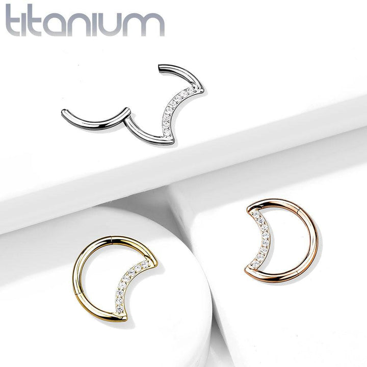 Implant Grade Titanium Crescent Moon Rose Gold PVD White CZ Hinged Clicker Hoop Daith Cartilage Ring - Pierced Universe