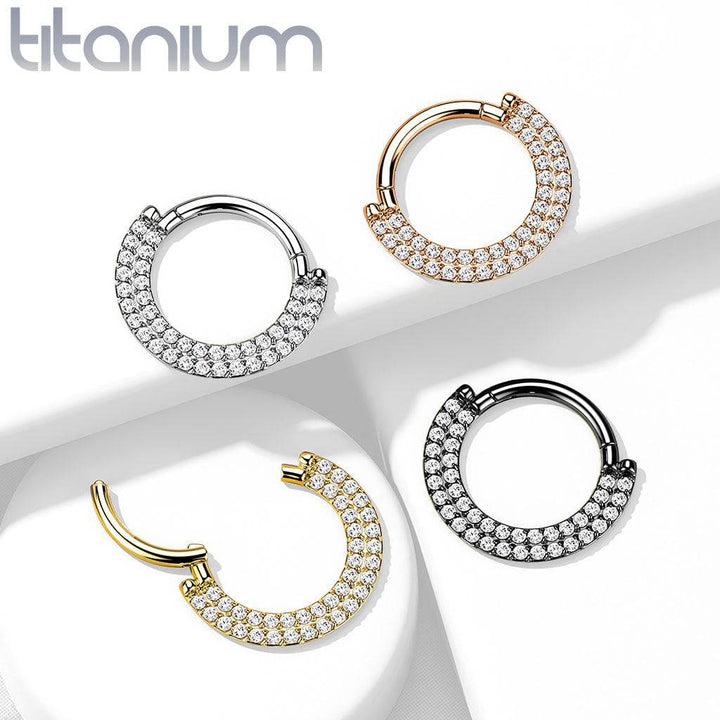 Implant Grade Titanium Double Row White CZ Pave Daith Ring Clicker Hoop - Pierced Universe