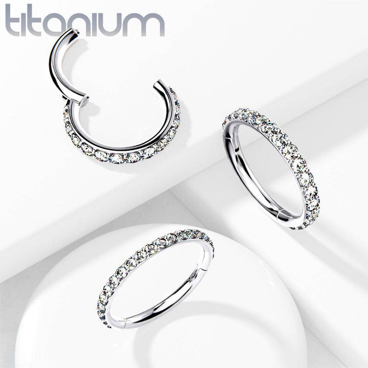 Implant Grade Titanium Easy Hinged White CZ Pave Clicker Hoop - Pierced Universe