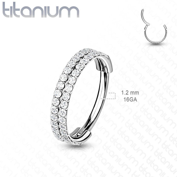 Implant Grade Titanium Gold PVD Double Row White CZ Pave Hinged Clicker Hoop - Pierced Universe