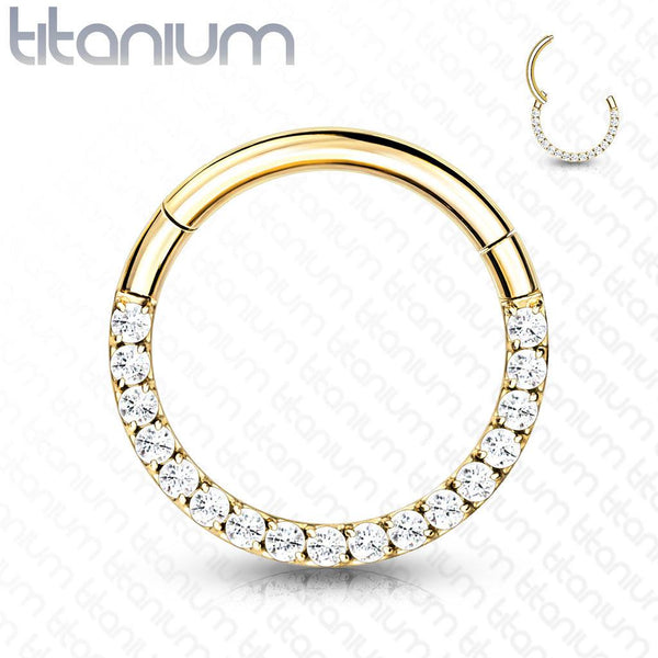 Implant Grade Titanium Gold PVD Paved White CZ Septum Clicker - Pierced Universe