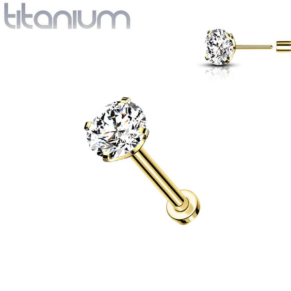 Implant Grade Titanium Gold PVD Threadless Push In Labret Flat Back CZ Stud - Pierced Universe