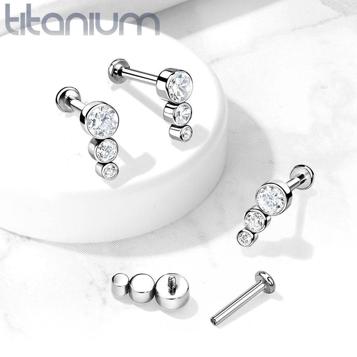 Implant Grade Titanium Internally Threaded 3 Gem Small to Big Labret - Pierced Universe