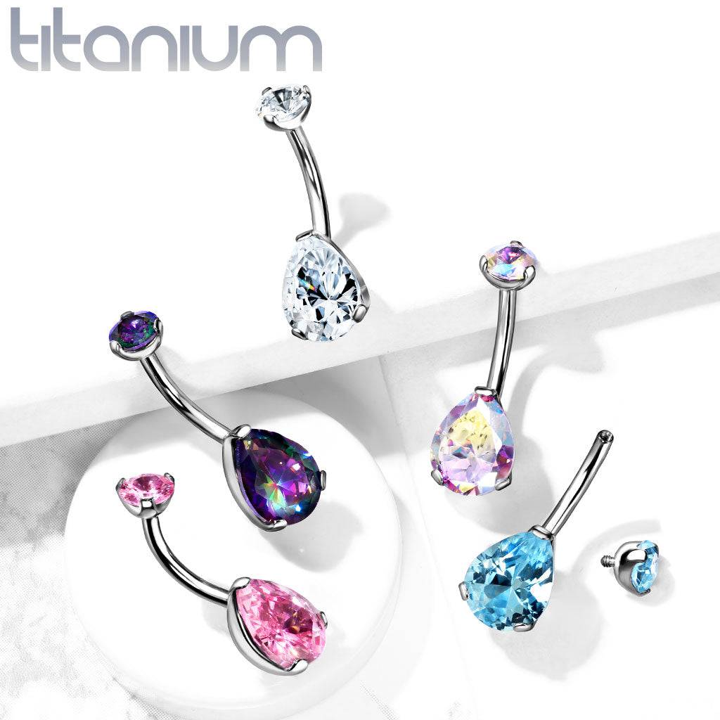 Timollant Drop Implant Grade Titanium Internally Threaded Pear Tear Drop Aqua CZ Bell ...