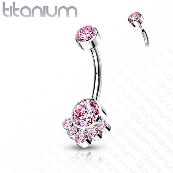 Implant Grade Titanium Internally Threaded Pink CZ Bezel Cluster Belly Ring - Pierced Universe