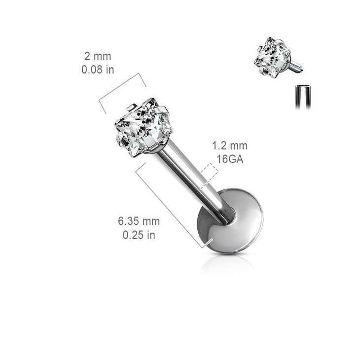 Implant Grade Titanium Internally Threaded Prong Square CZ Labret - Pierced Universe