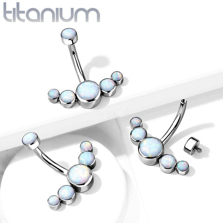 Implant Grade Titanium Internally Threaded With 5 Bezel White Opal Bottom Belly Ring - Pierced Universe
