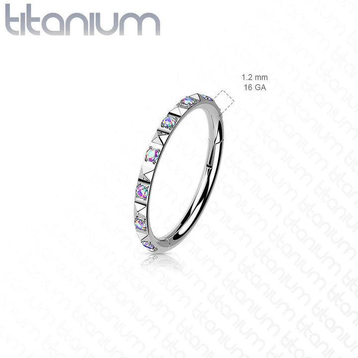 Implant Grade Titanium Ridged With Aurora Borealis CZ Gems Hinged Hoop Clicker Ring - Pierced Universe