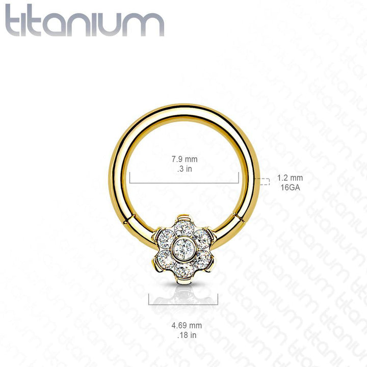 Implant Grade Titanium Rose Gold PVD White CZ Gem Flower Hinged Clicker Hoop - Pierced Universe