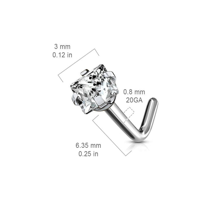 Implant Grade Titanium Square Prong White CZ L shape Nose Stud - Pierced Universe