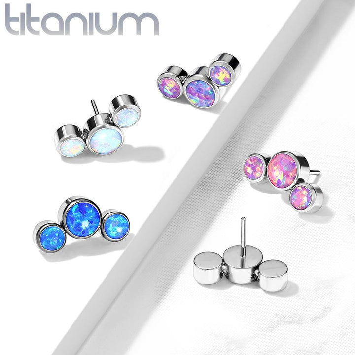 Implant Grade Titanium Threadless Push In Cartilage 3 Gem Curved White Opal Labret with Flat Back - Pierced Universe