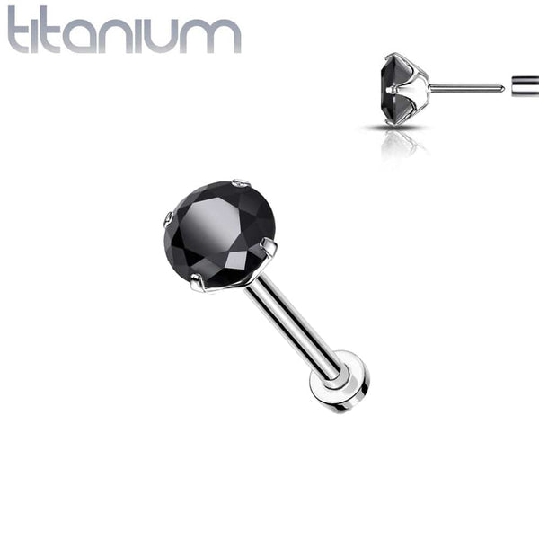 Implant Grade Titanium Threadless Push In Flat Back Black Prong CZ Nose Ring Stud - Pierced Universe