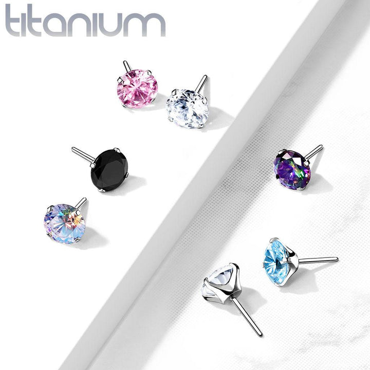 Implant Grade Titanium Threadless Push In Flat Back Pink Prong CZ Nose Ring Stud - Pierced Universe